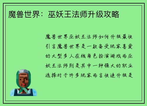 魔兽世界：巫妖王法师升级攻略